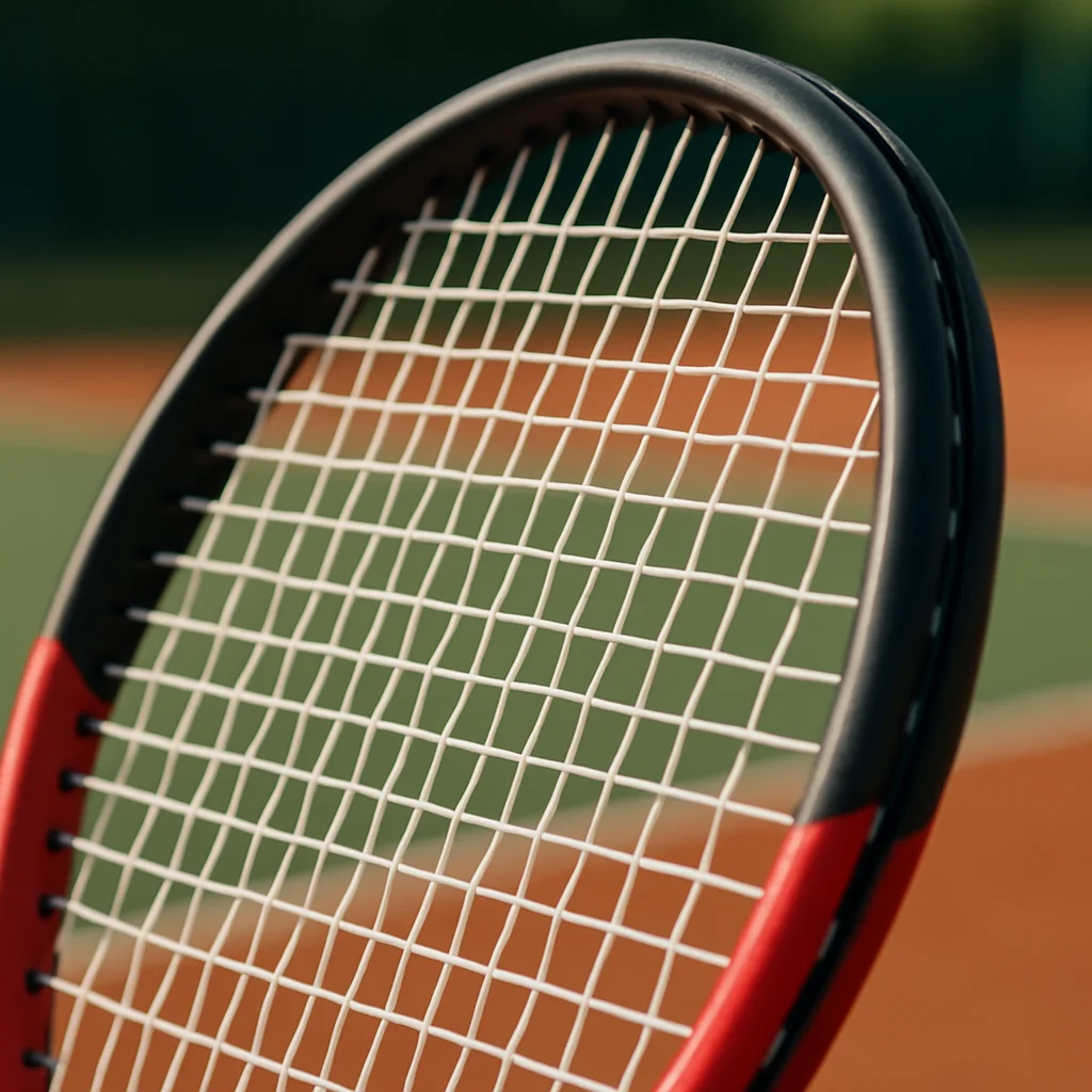 Gros plan sur un cordage de raquette de tennis économique fraîchement posé