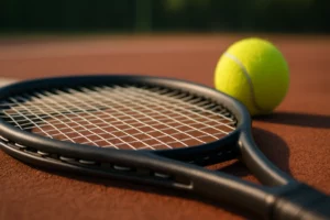 Raquette de tennis avec cordage neuf sur un court