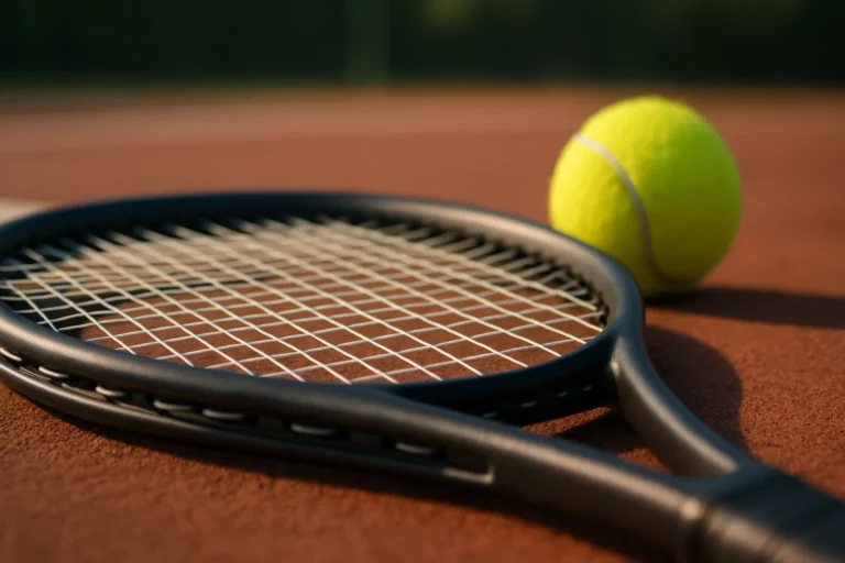 Raquette de tennis avec cordage neuf sur un court