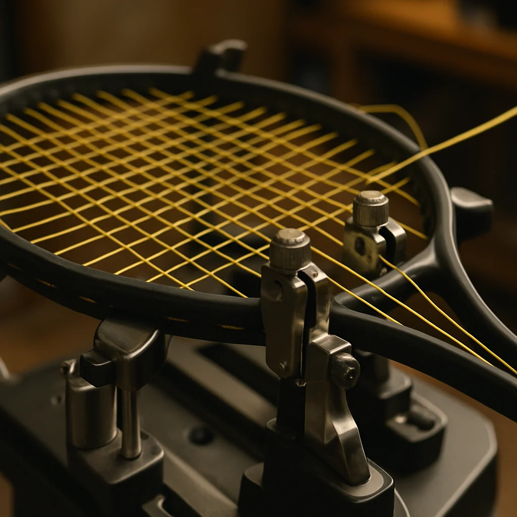 Cordage de raquette de tennis installé sur une machine