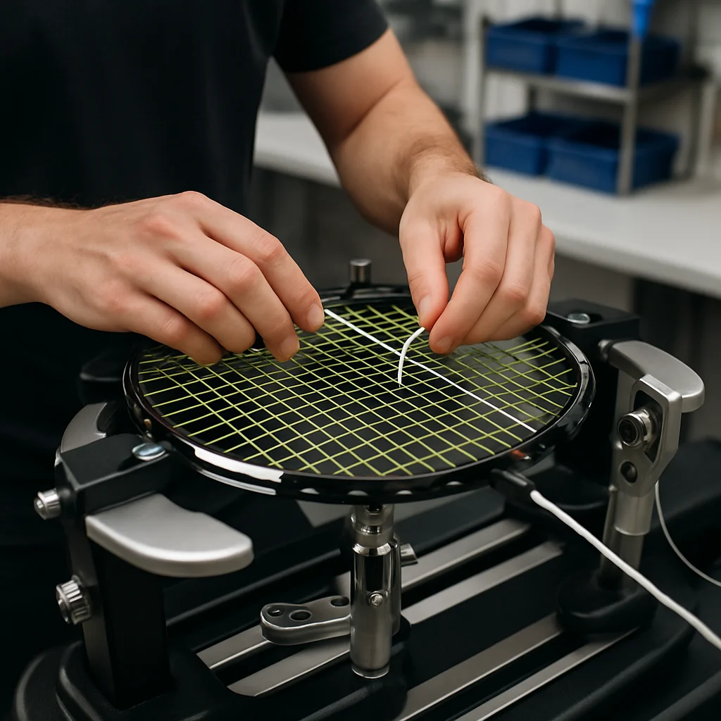 Technicien qui recorde une raquette de badminton sur une machine