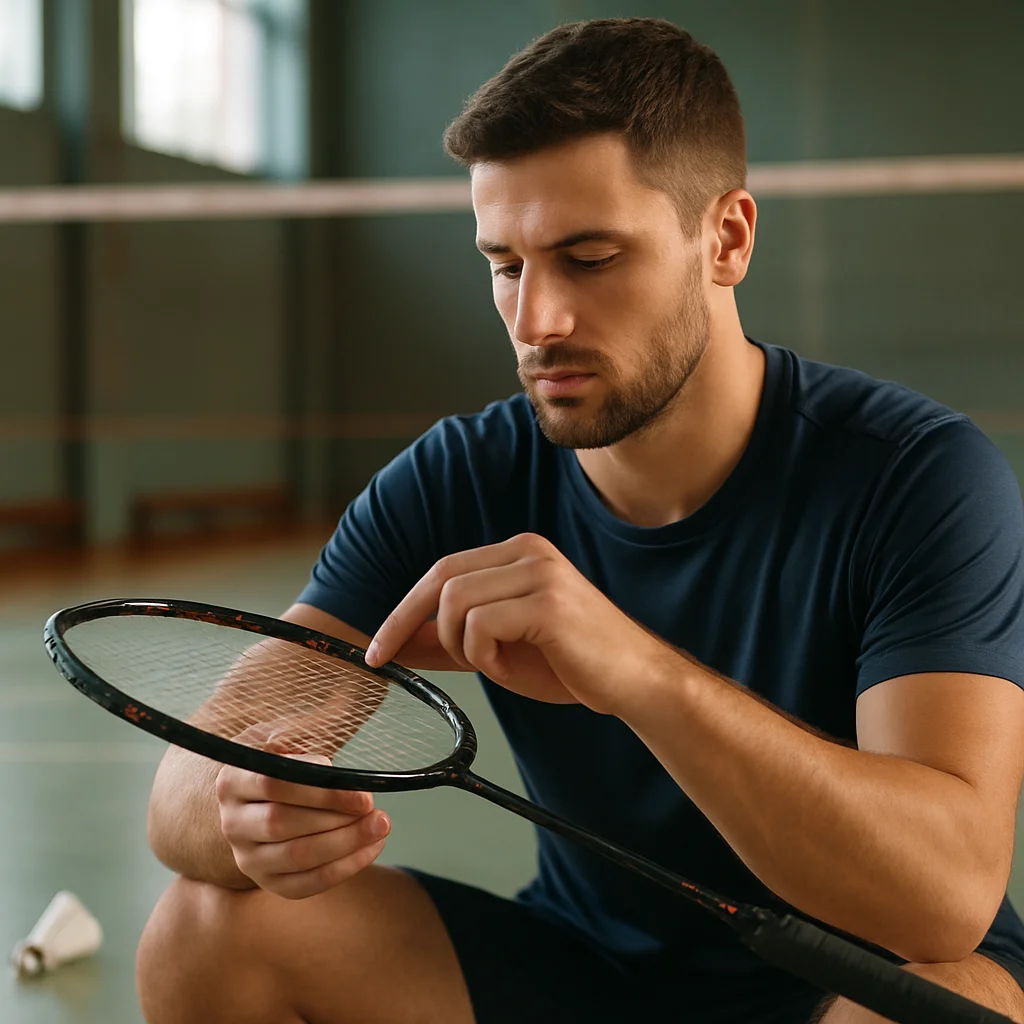 Joueur vérifiant la tension du cordage de sa raquette de badminton